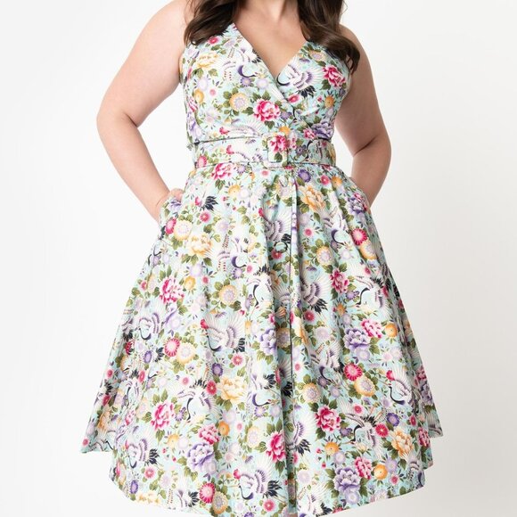 GOTH ROCKABILLY PIN UP UNIQUE VINTAGE 50S MULTI COLOR BELT HALTER SWING DRESS 2X
